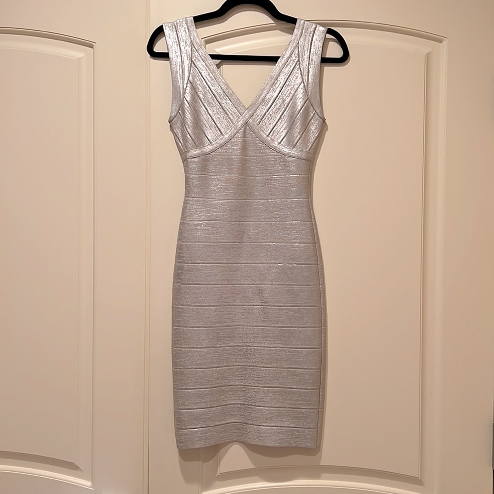 Herve Leger silver foil dress size XS. Fits 0-2